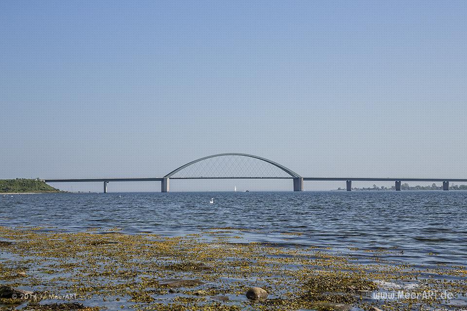 Blick auf die Fehmarnsundbrücke von einem Strandabschnitt am Strukkamphuk aus // Foto: MeerART