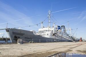 Das Veranstaltungsschiff „MS Stubnitz“ an dem Kaimauern im Baakenhafen in Hamburg // Foto: R. Kerpa