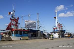 Fischkutter mit Protestplakaten gegen die rot-grüne Fischereipolitik an ihrem Liegeplatz im Hafen von Heikendorf/Möltenort // Foto: MeerART