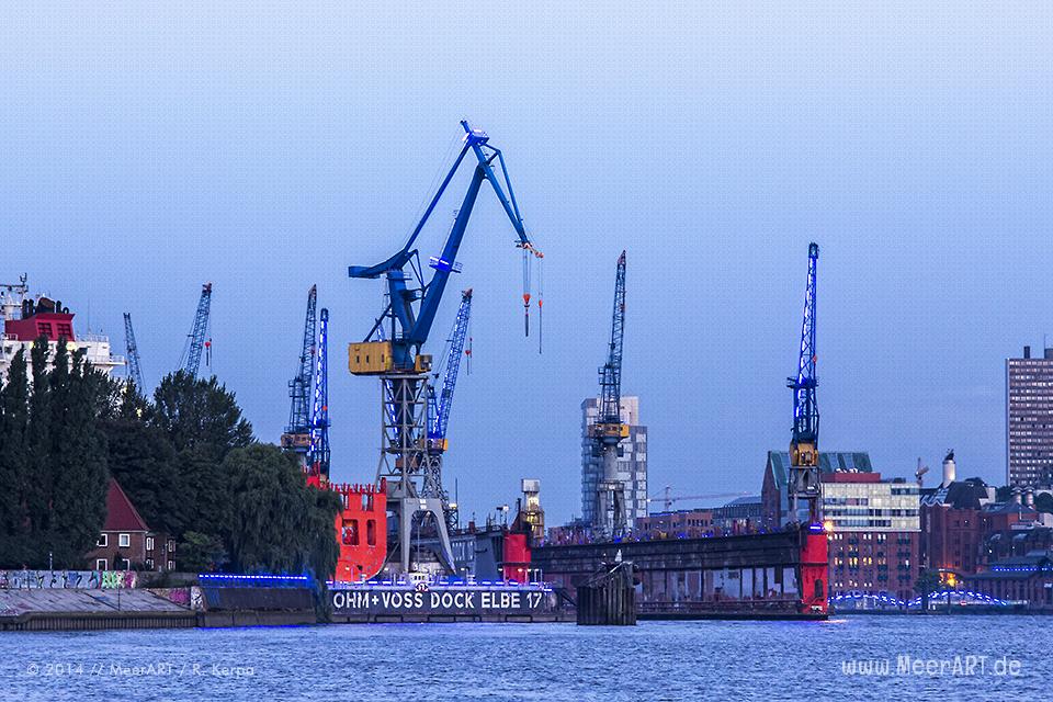 Die Lichtinstallation "BLUE PORT" von Michael Batz in Hamburg // Foto: R. Kerpa